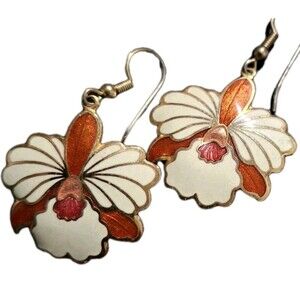 Vintage Cloisonne Enamel Orchid Earrings Colorful Dangle Drop Flower